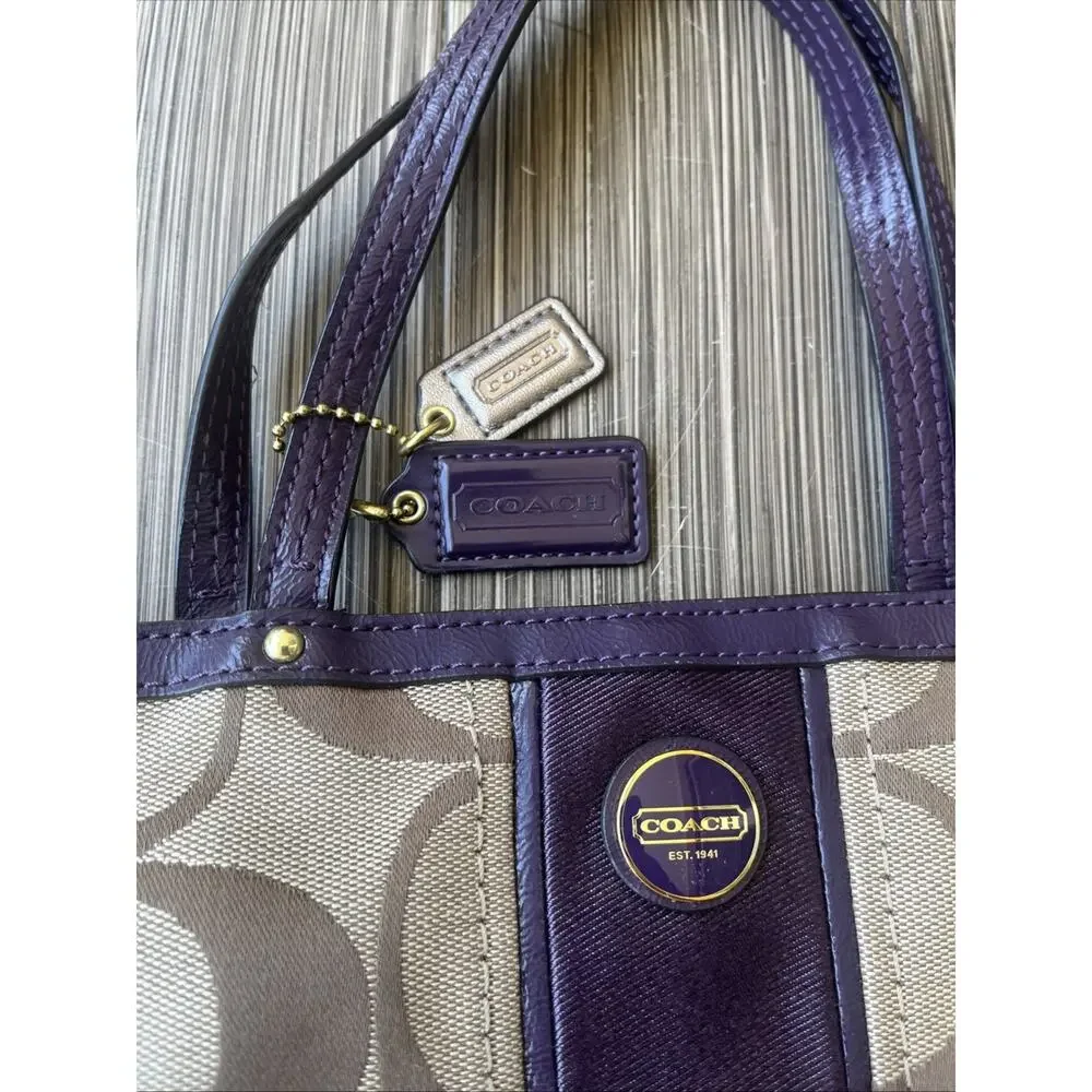 Coach Signature Stripe Satchel With Patent Leather Trim Handbag Purple F25771